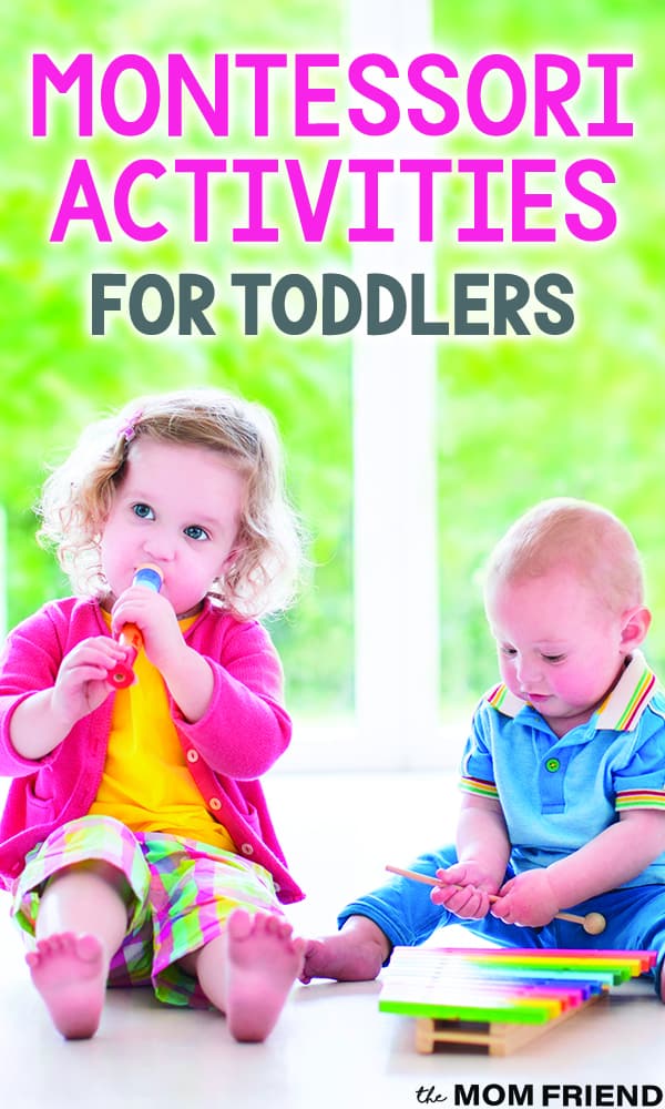 Two toddlers with toys with text Montessori Activities for Toddlers