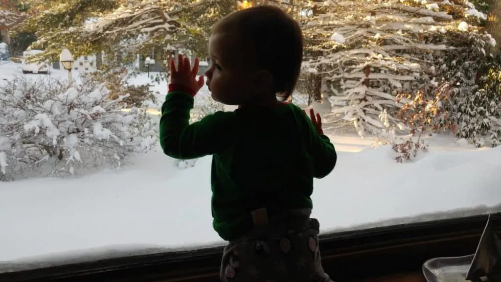 Little girl looks at snowy woods through window.