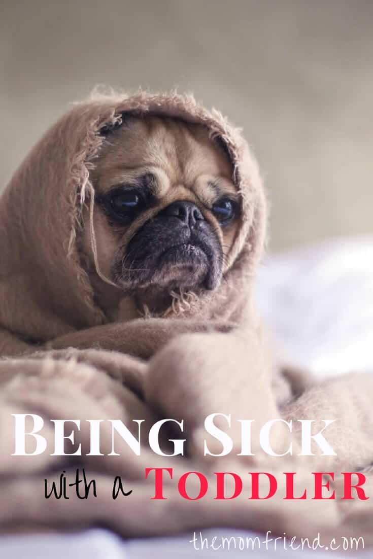 Pinnable image with text for Being Sick with a Toddler and image of pug wrapped in blanket.