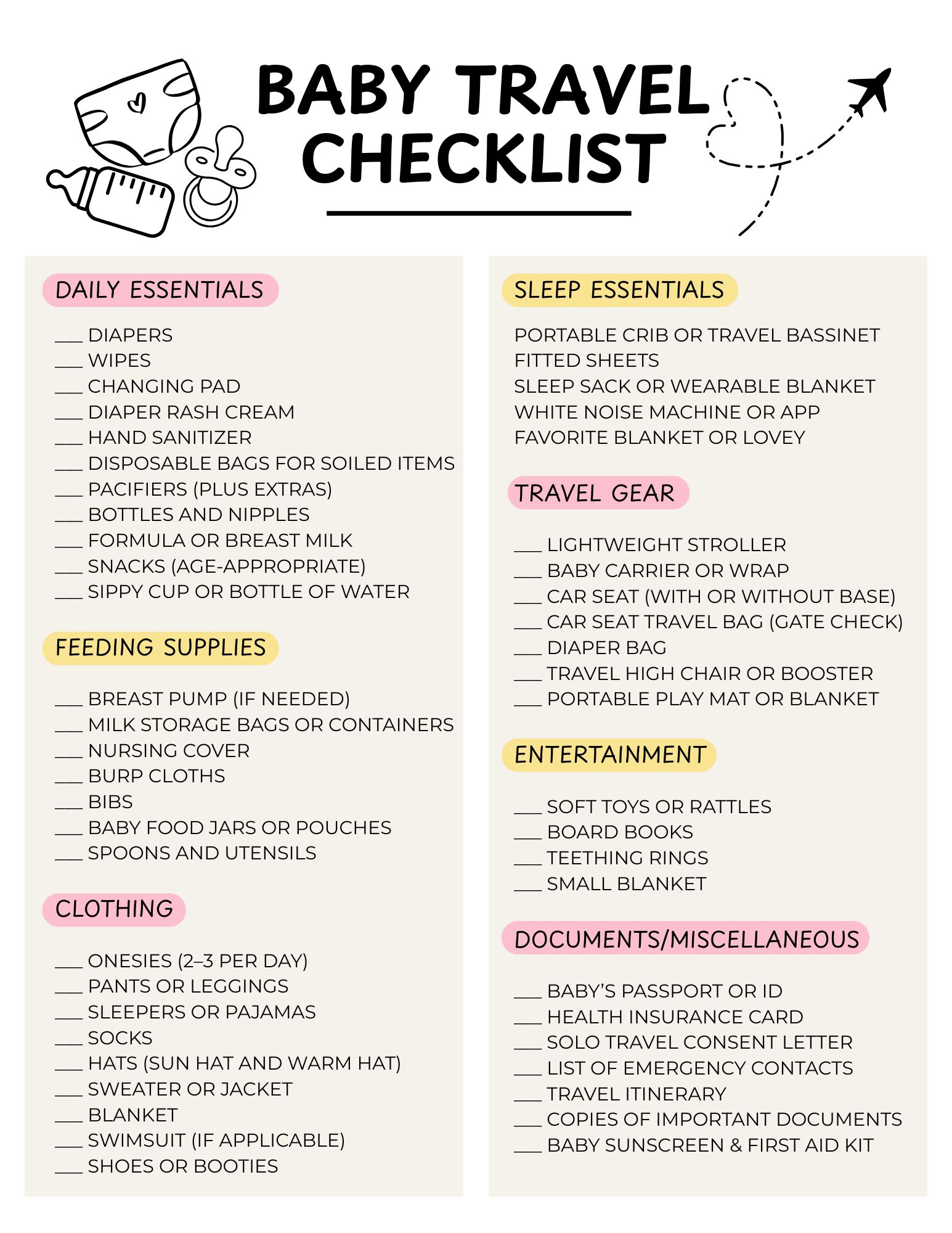 A free printable baby travel checklist with items for plane travel.