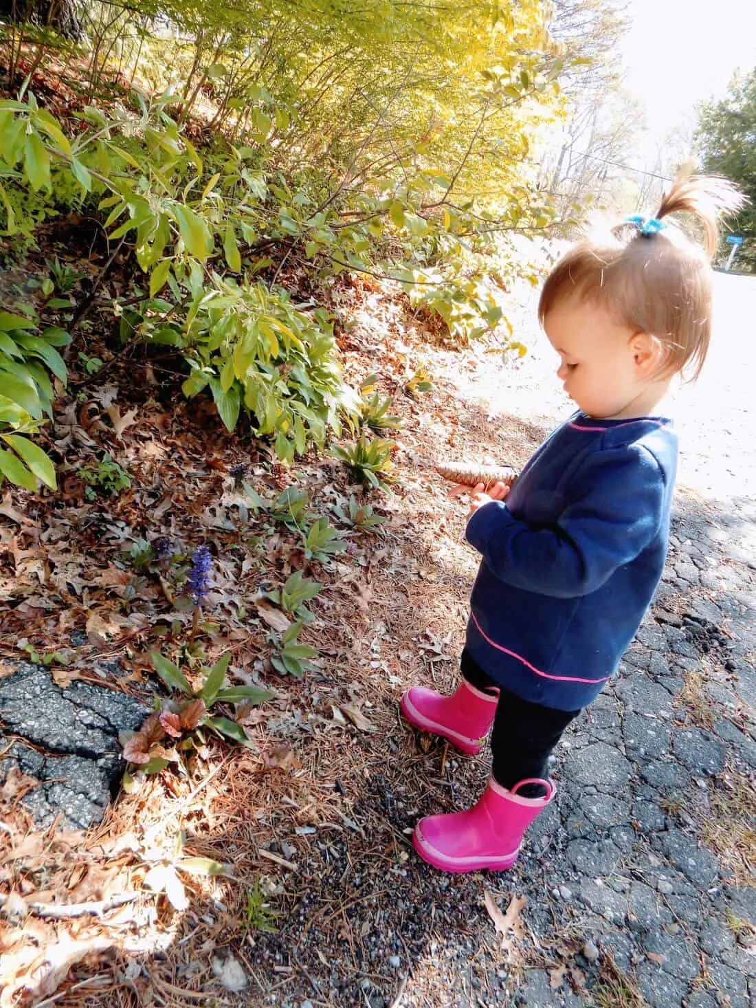 Little girl plays outside next to woods.