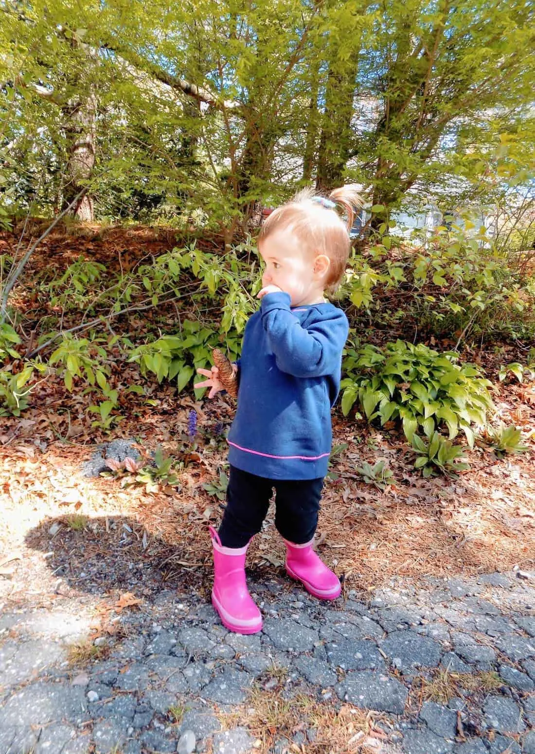 Little girl stands in front of wooden area.