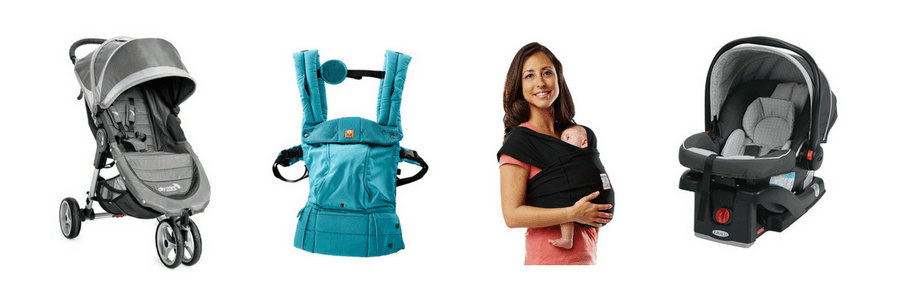 Collage of baby carriers and equipment.