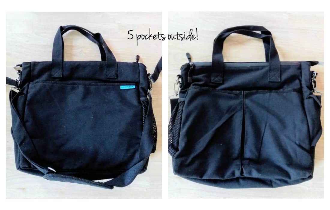Diaper bag with 5 outside pockets.