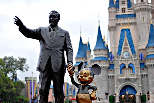 Walt Disney and Mickey statue at Disneyland.