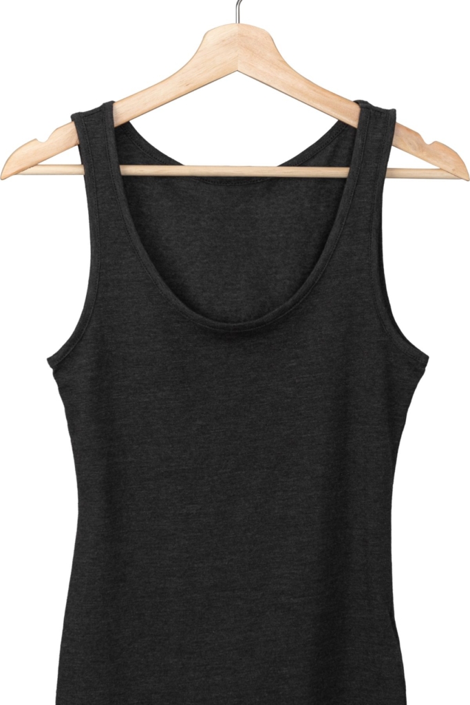 Black tank top on a wooden hanger on a white background.