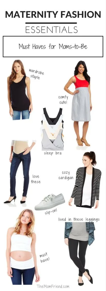Pinterest graphic with Text for Maternity Fashion Essentials and collage of maternity items.