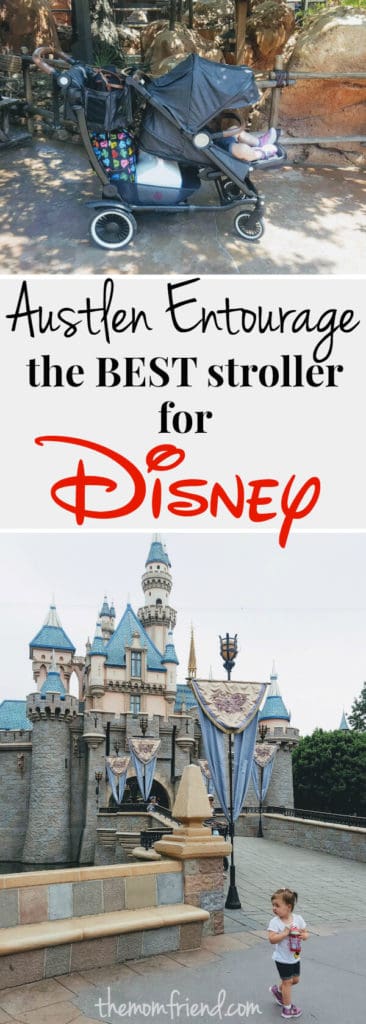 Pinterest graphic with text for Austlen Entourage the Best Stroller for Disney and image of Disney castle.