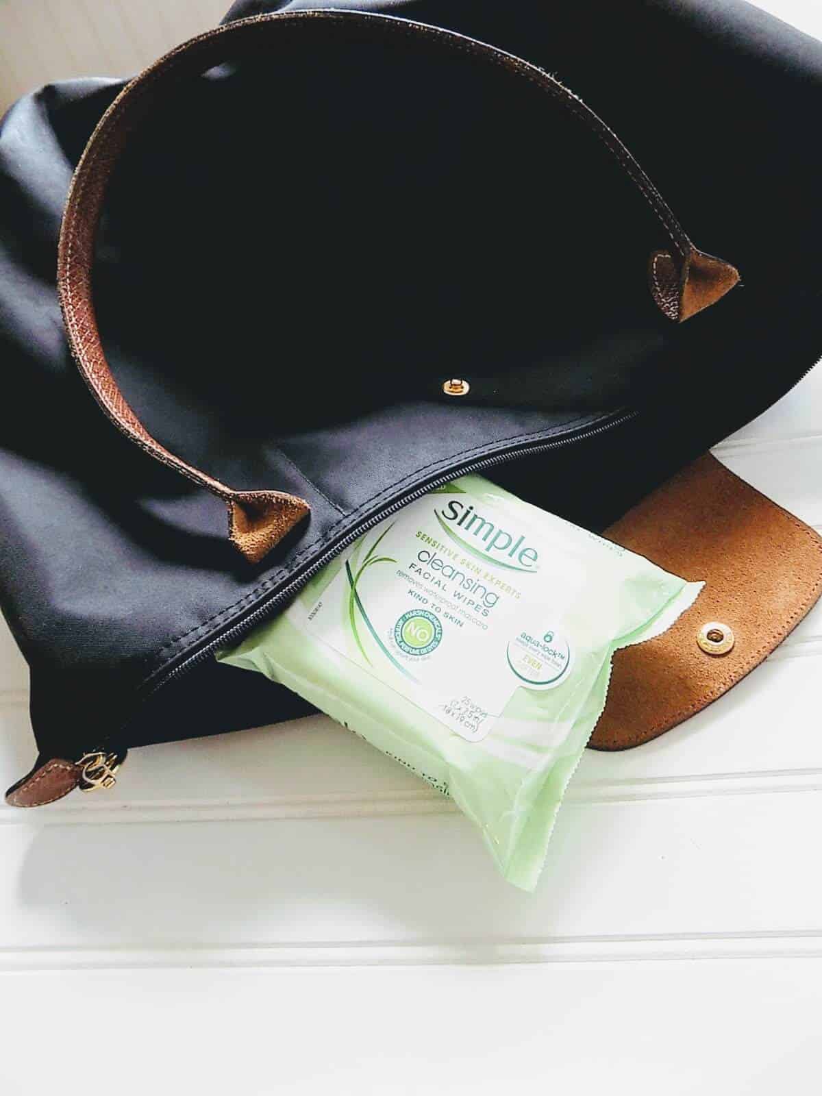 Cleansing wipes in mom bag.