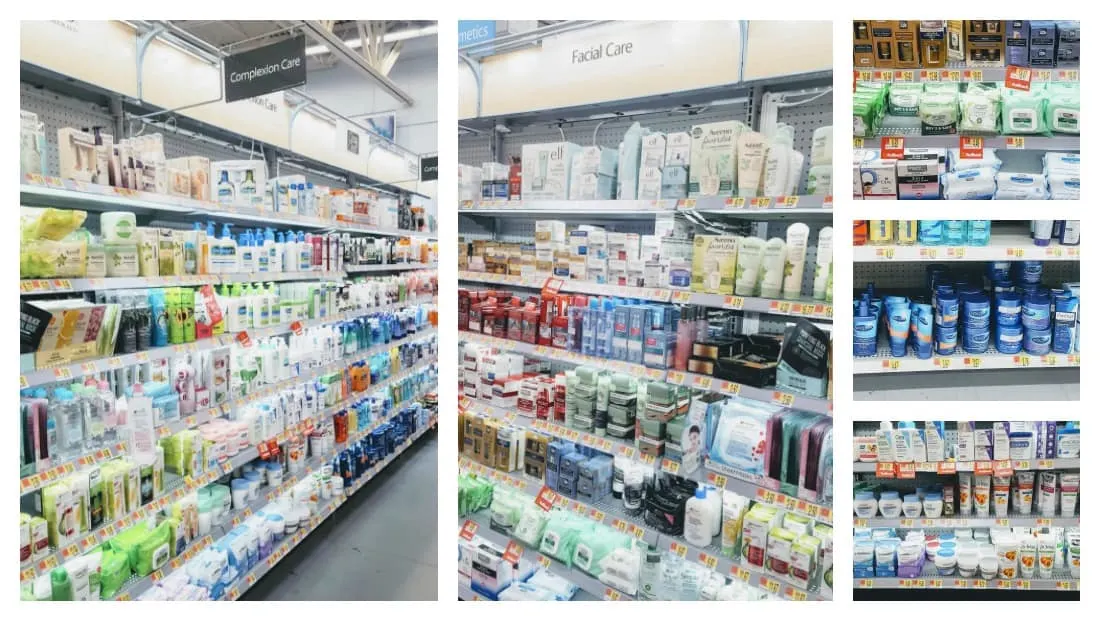 Skin care aisle in grocery store.