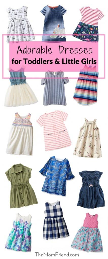 Pinterest graphic with text for Adorable Dresses for Toddlers and Little Girls and image collage of toddler dresses.