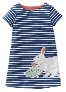 Blue and white striped toddler dress with bunny.