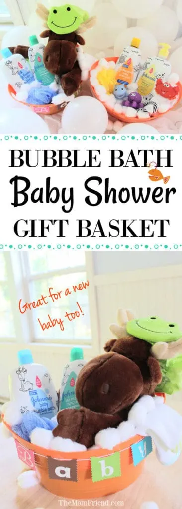 Pinnable image of bath themed baby shower gift.