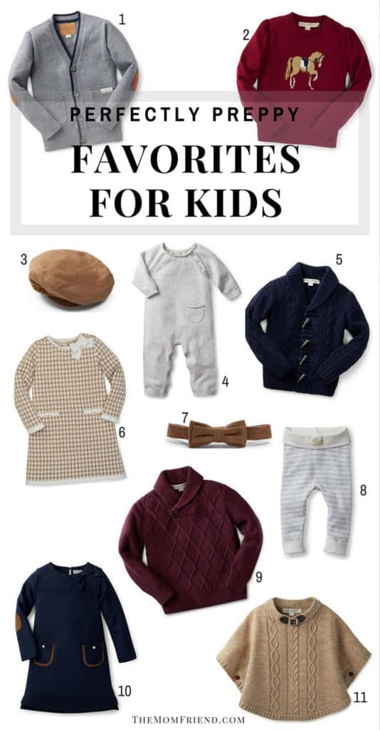 Pinterest graphic with text for Perfectly Preppy Favorites for Kids and image collage of preppy kids clothes.