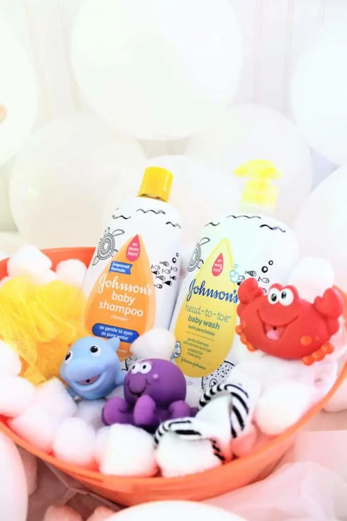 Bubble bath themed baby gift basket.