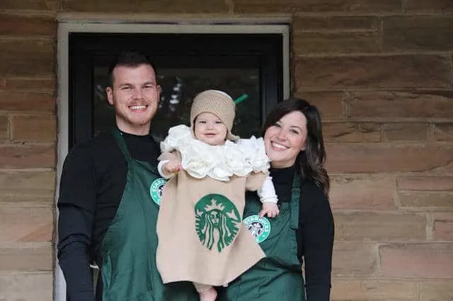 Family wears Starbucks themed Halloween costumes.