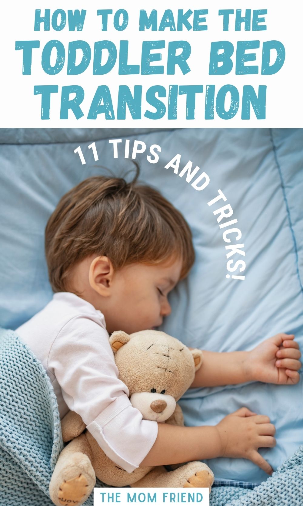 Pinterest graphic with text and toddler sleeping in bed with teddy bear.