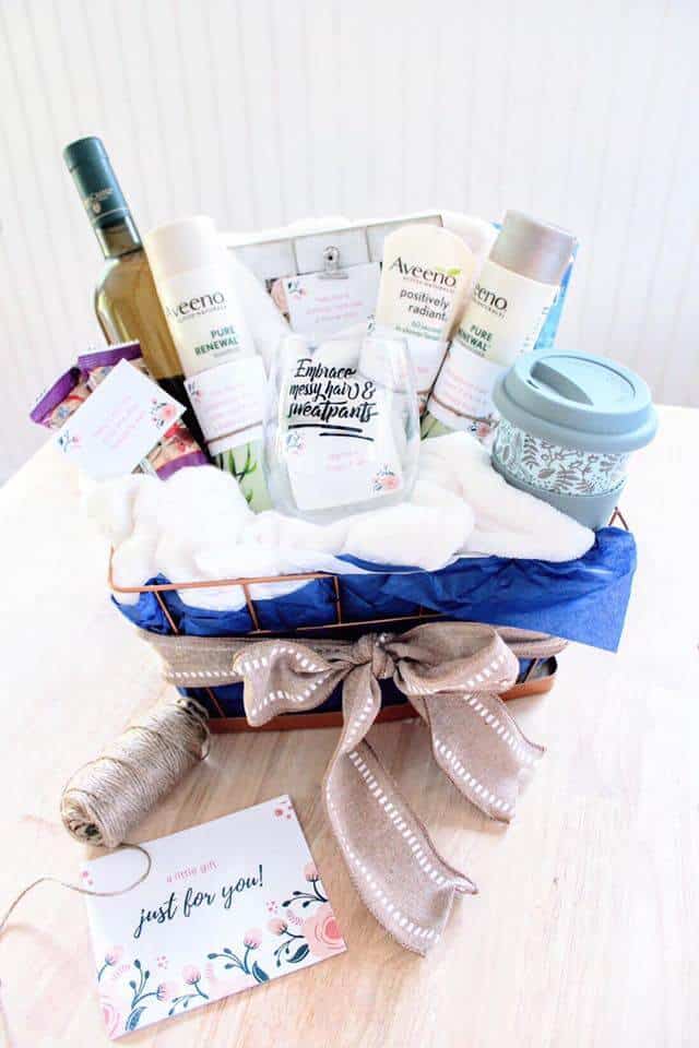 New mom gift basket filled with self care items.