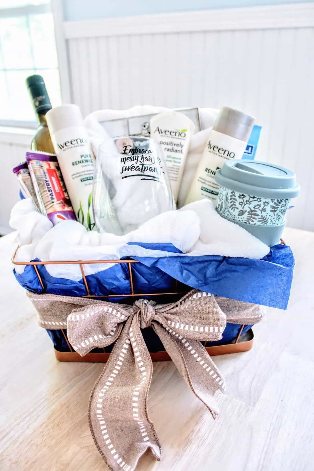 New Mom \"Treat Yourself\" Gift Basket with bow.