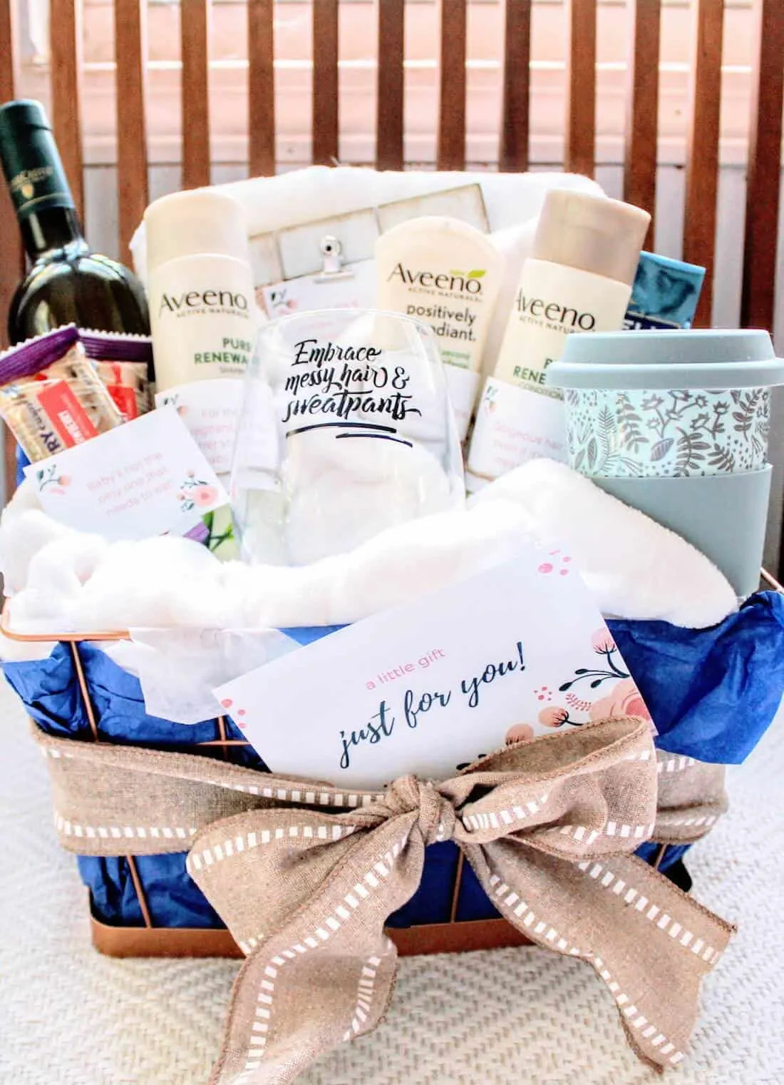 Gift basket filled with products for new moms.