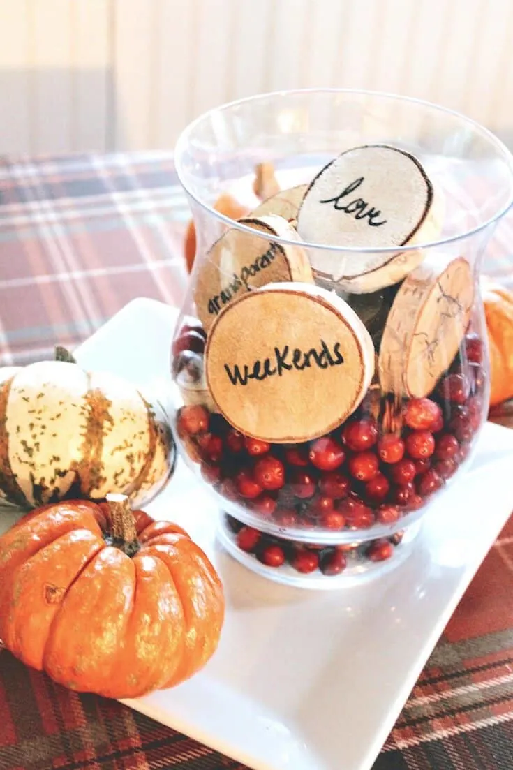 Homemade Thanksgiving table decorations.