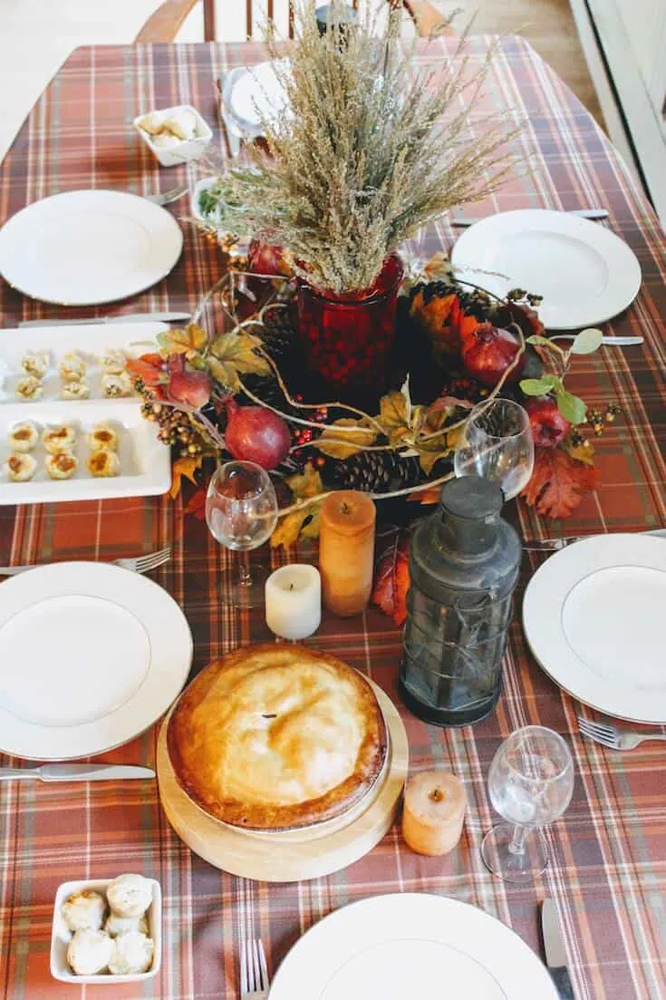 Thanksgiving table decor and food.