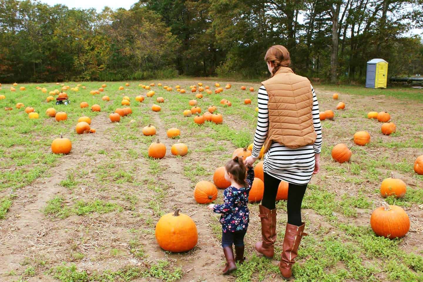 Mom and daughter walk through pumpkin patch.