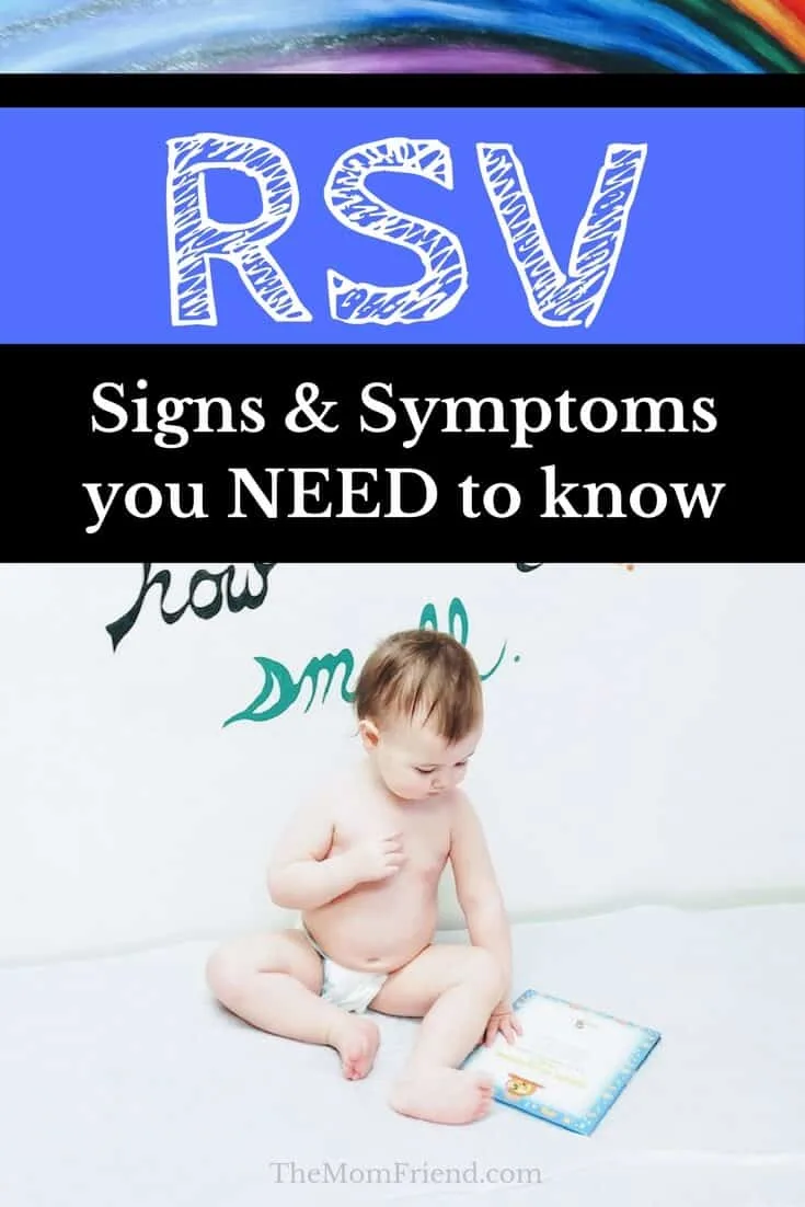 Pinterest graphic with text for RSV Signs & Symptoms you NEED to know and image of baby girl at doctor\'s visit.