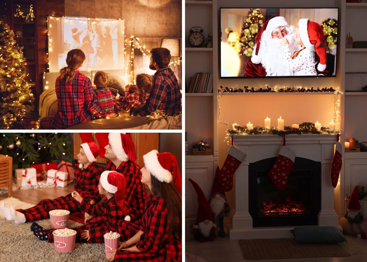 Collage of families watching Christmas movies.