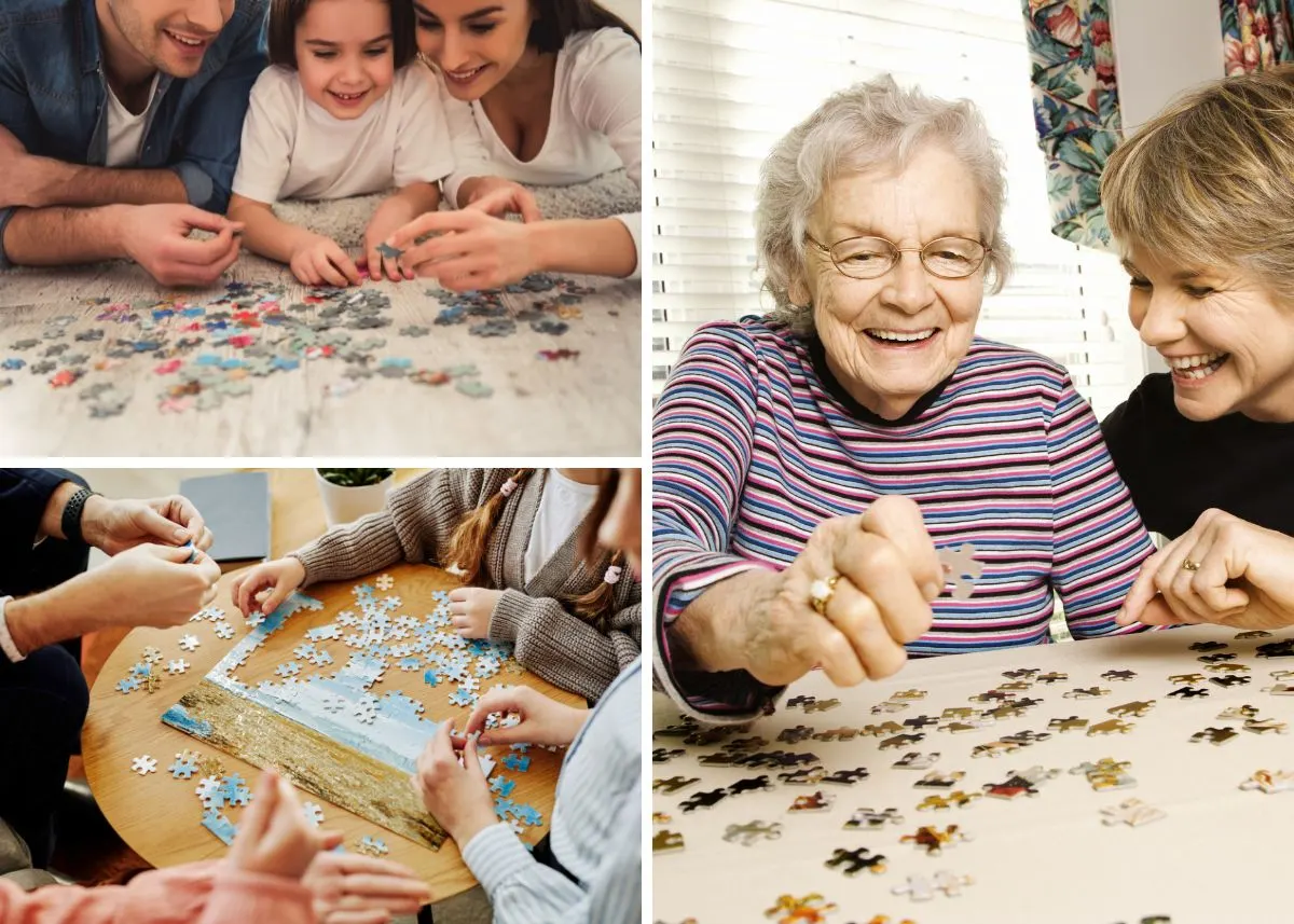 Collage of families putting together puzzles.