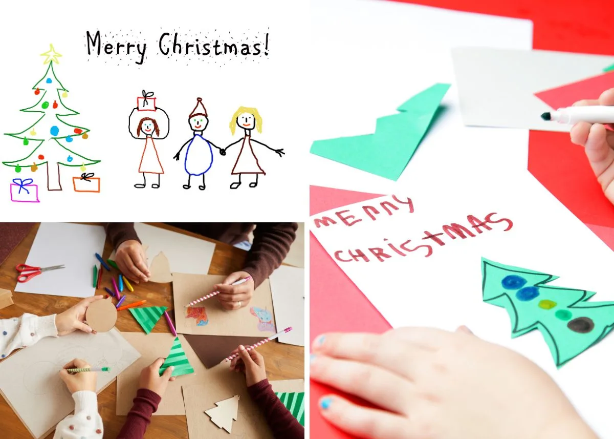 Collage of homemade Christmas cards made by kids.