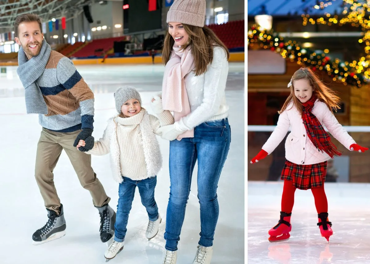 Collage of a family and young girl ice skating.