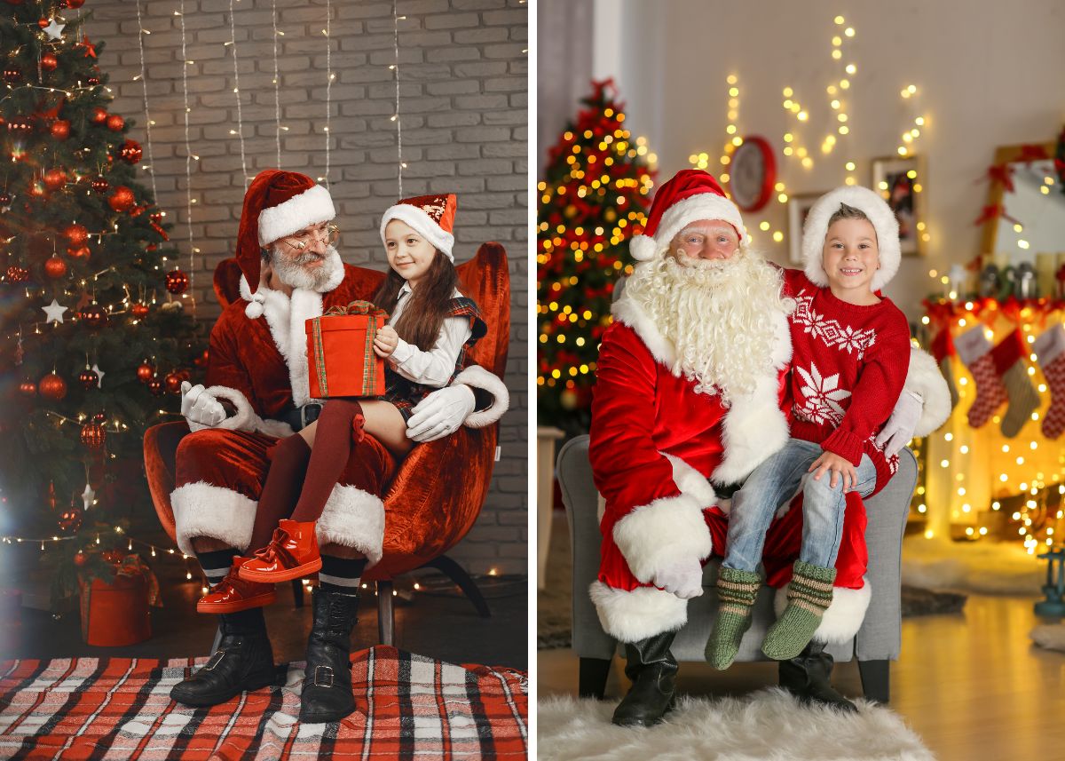 Collage of kids sitting and Santas' lap.