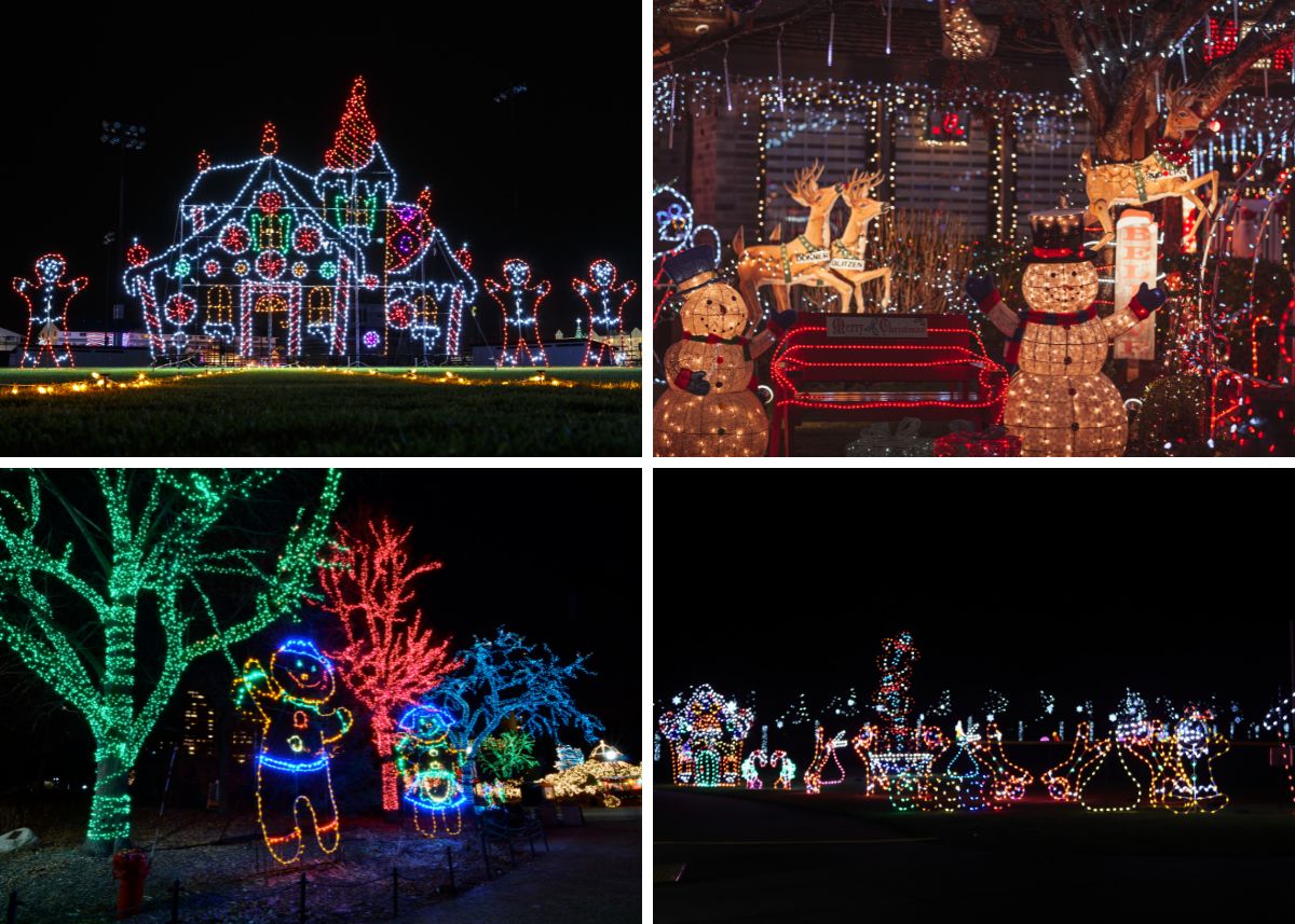 Collage of Christmas light displays outide.