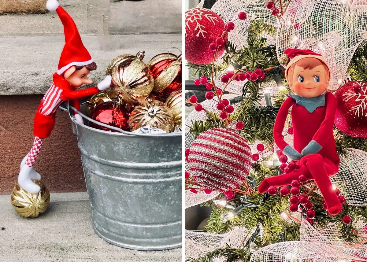 A collage of elf on the shelf antics.