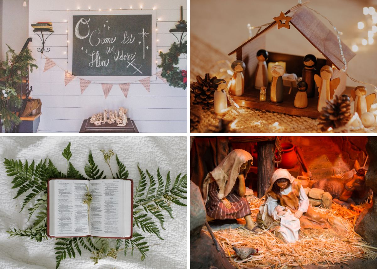 Collage of Christmas nativities.