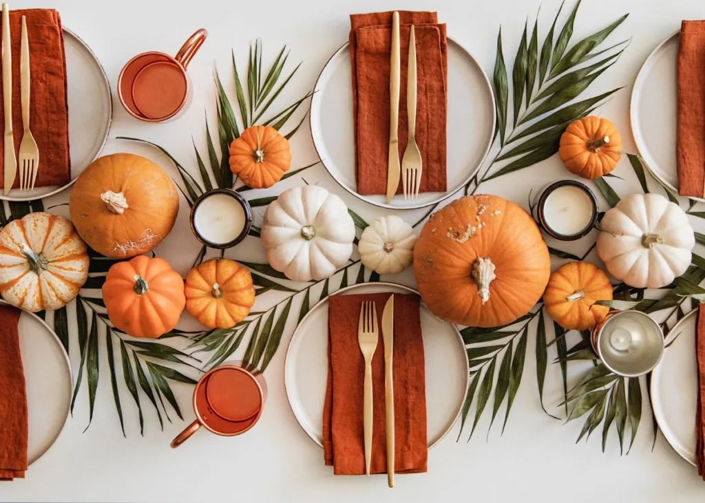 Burnt orange, bright orange, and green table settings and centerpieces.