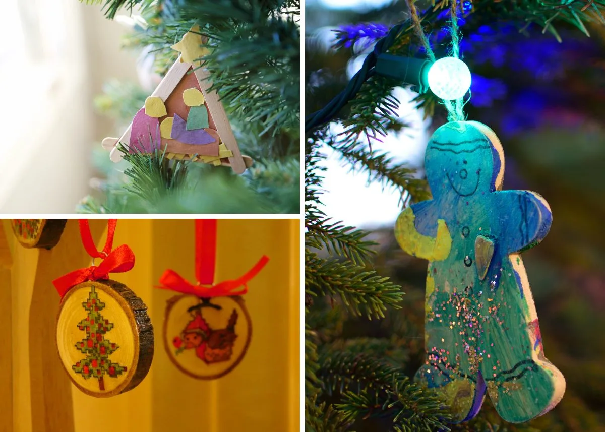 Collage of homemade Christmas tree ornaments.