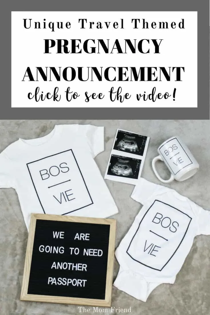 Pinterest graphic with text for Fun Travel Themed Pregnancy Announcement and image of flat lay pregnancy announcement.