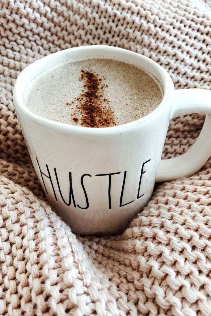 A white mug that says "Hustle" on the front on a knit blanket.