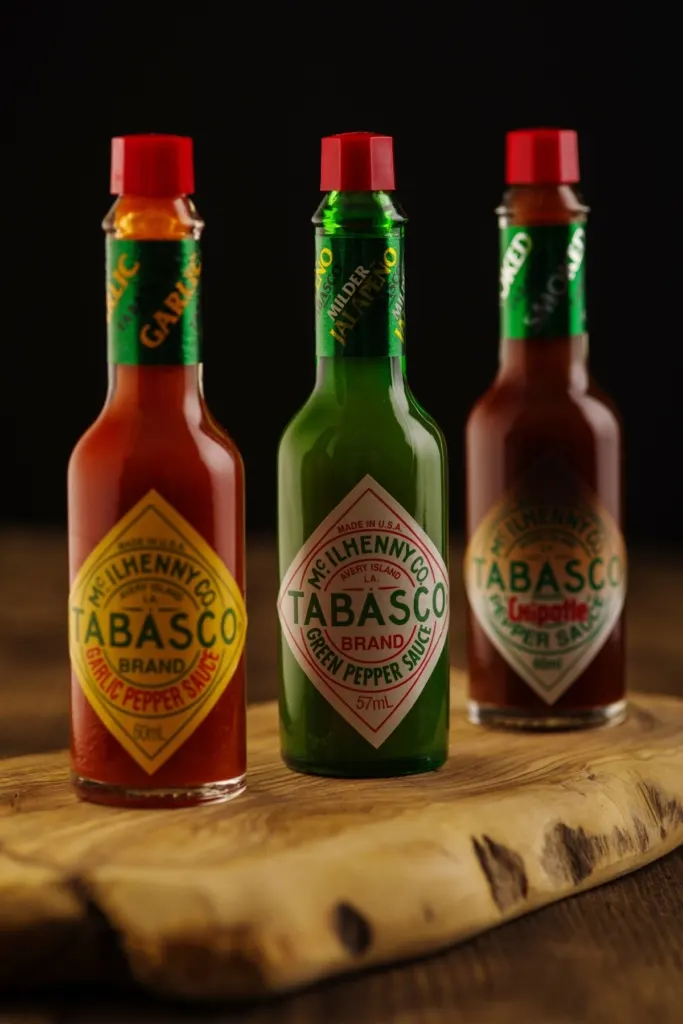 The bottles of Tabasco sauce on a rustic wooden cutting board.