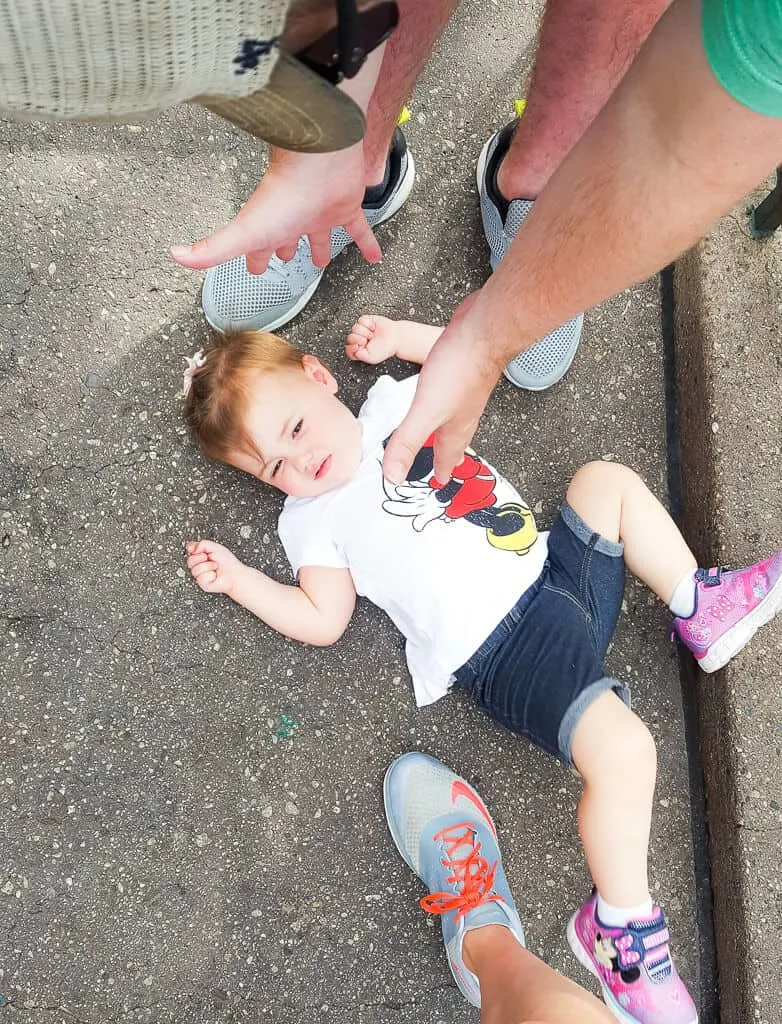 Hands reach down to pick up toddler girl from ground at Disney park.