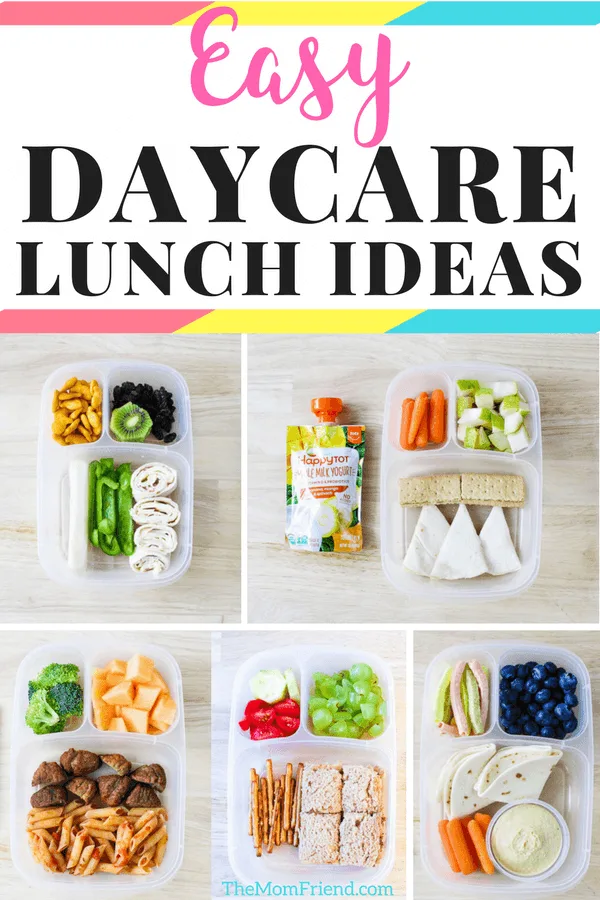 Pinnable image with text for Easy Daycare Lunch Ideas and image collage.