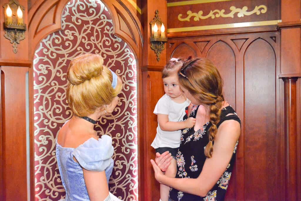 Mother introduces toddler girl to Cinderella at Disney.