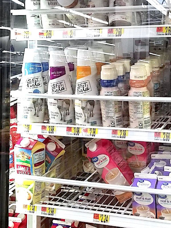 Left field milk on grocery store shelves.