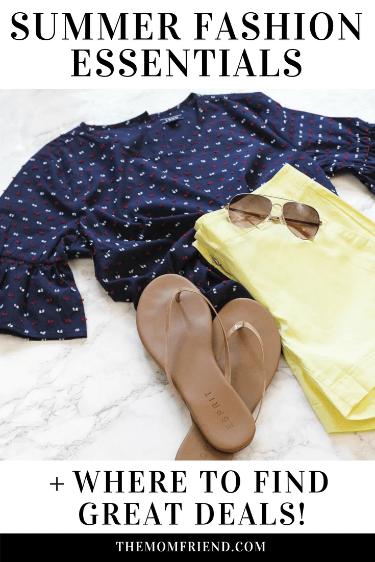 Summer top and yellow shorts next to flip flops and sunglasses.