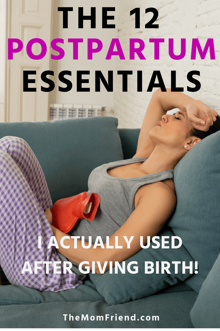 Pinnable image of postpartum essentials for new moms.
