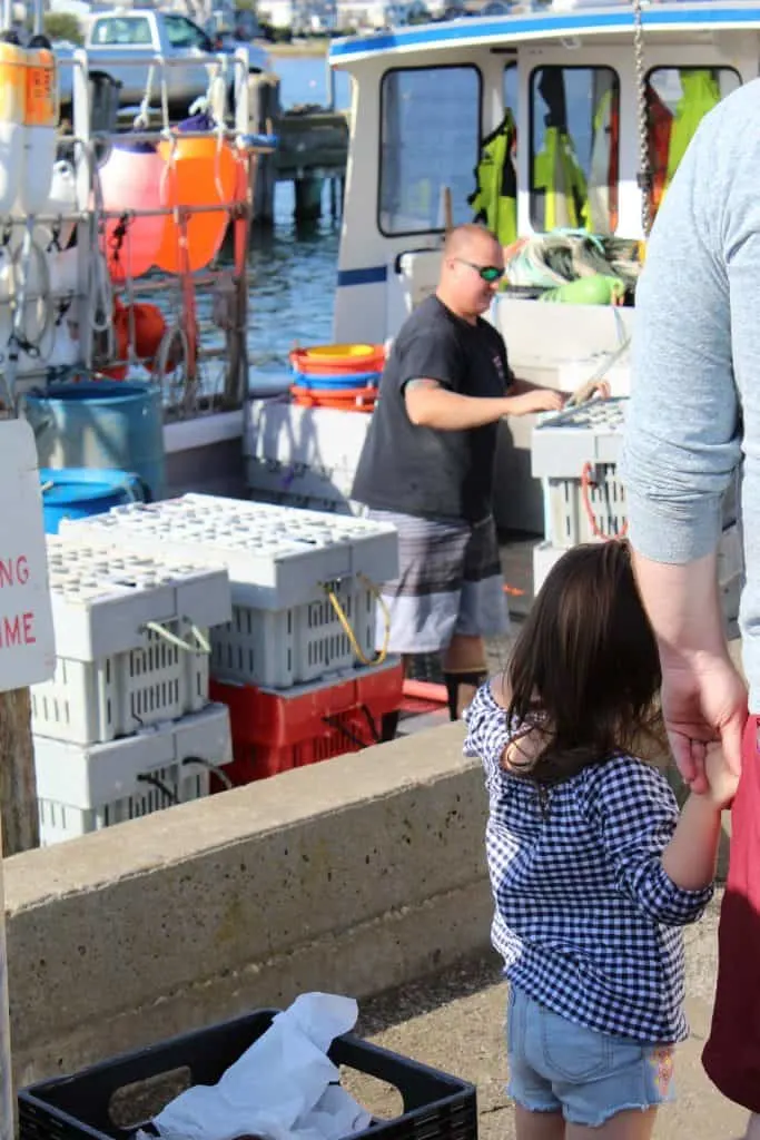 Family strolls next to water in Provincetown.