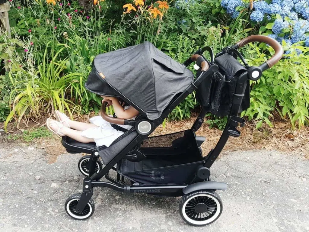 Little girl sits in stroller on walking path.