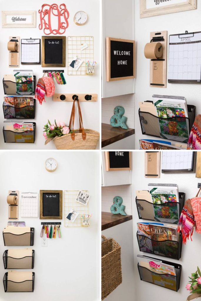 Collage of family command center ideas including filing baskets and a chalkboard.